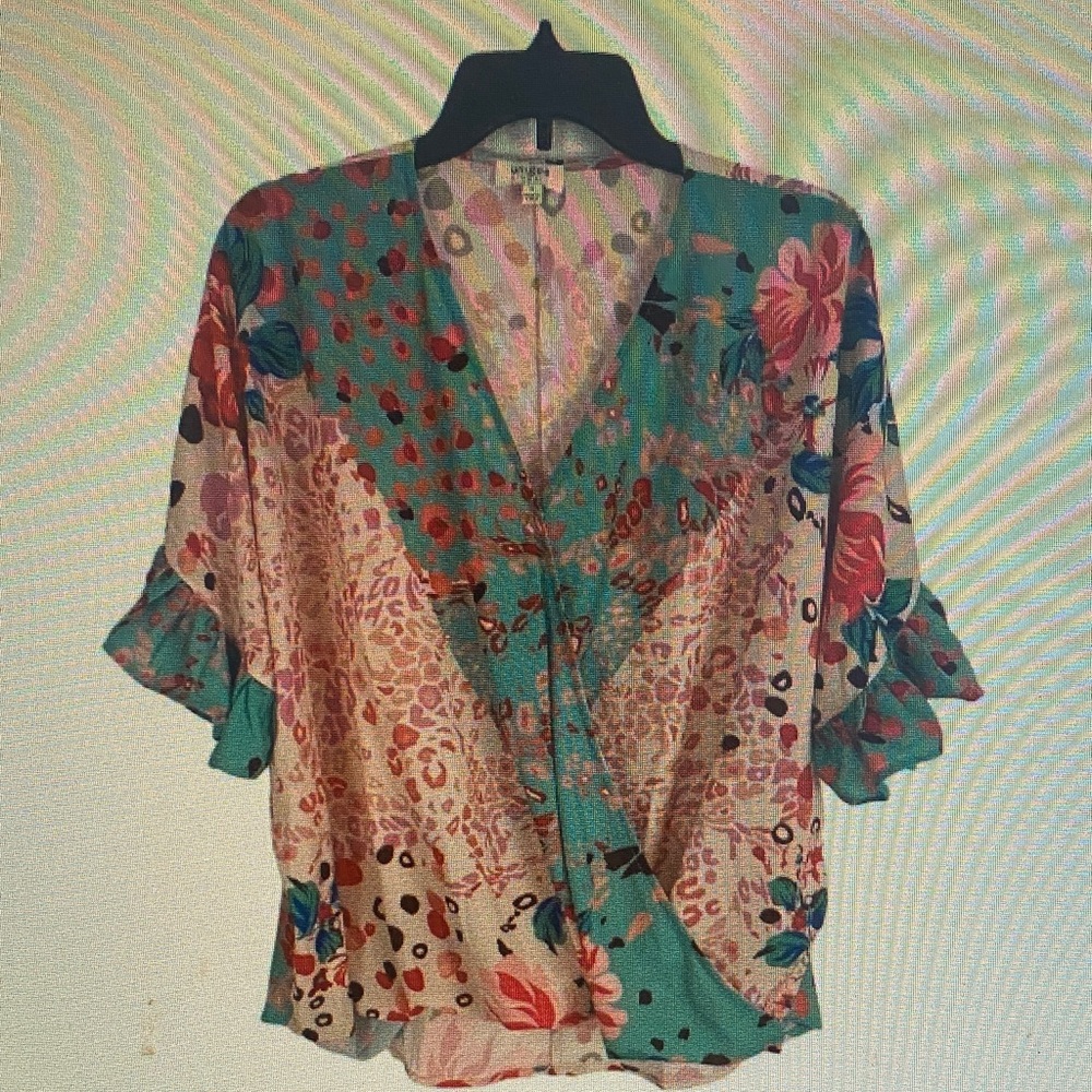 Floral Mixed-Print V-Neck Blouse - Turquoise/Pink